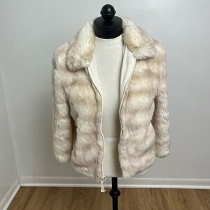Vintage JUICY COUTURE Beige Cream Zipper Collared Faux Fur Jacket with Pockets M